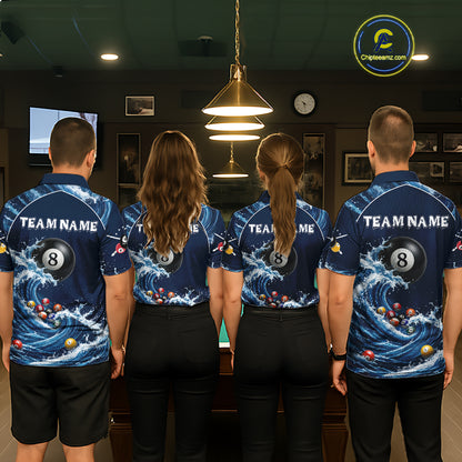 Blue Waving 8 Ball Pool Shirts Custom Billiard Pool Shirts For Men 3D Billiard Team Attire NYN2978