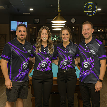 Fire Flame 8 Ball Billiard Team Shirt For Women Custom Black And Purple Pool Billiard Team Jersey NYN3968