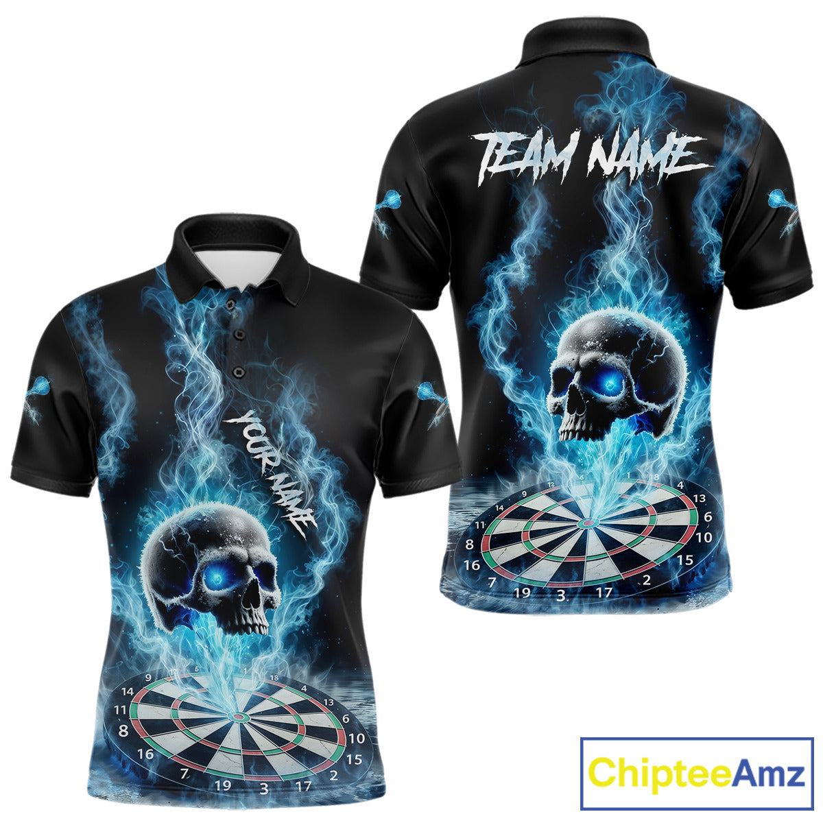 Custom Blue Ice Smoke Skull Dartboard Darts Polo Shirt For Men Dart League Jerseys NYN2122