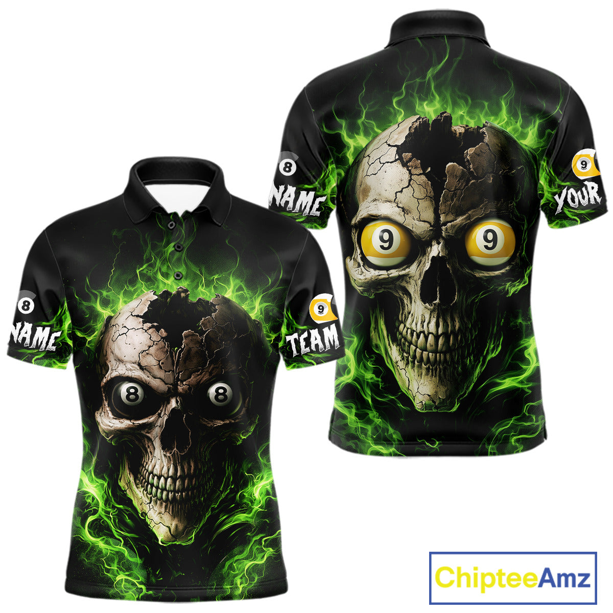Green Flaming Cracked Skull 8 Ball & 9 Ball Pool Billiard Shirt For Men Custom Billiard Apparel NYN2635