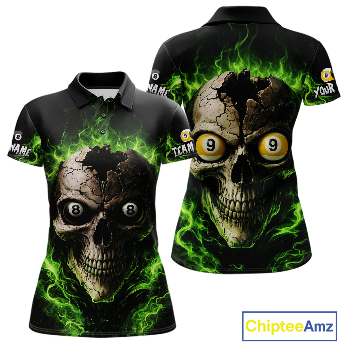 Green Flaming Cracked Skull 8 Ball & 9 Ball Pool Billiard Shirt For Women Custom Billiard Apparel NYN2635