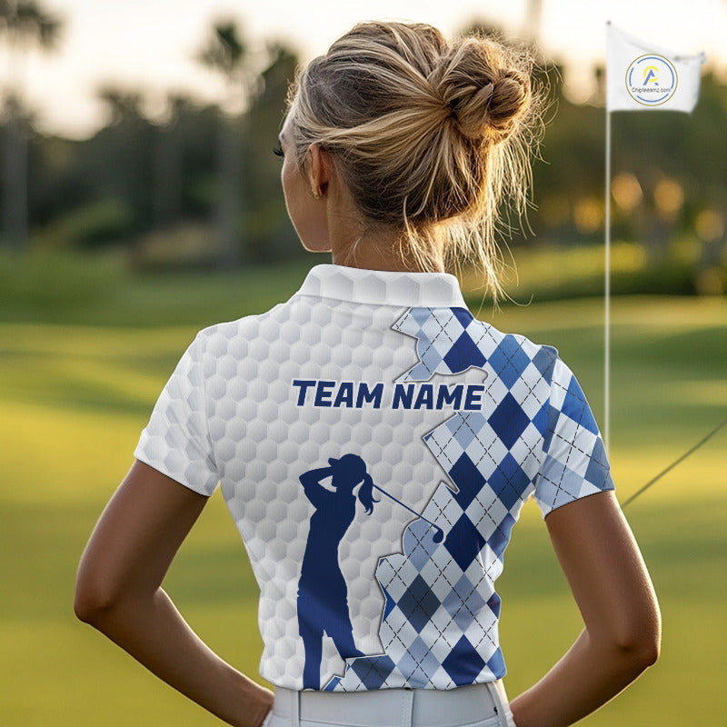 Custom Argyle Pattern Golf Polo Shirts For Women, Blue Argyle Golf Ball White Golf Clothing Shirts NYN2990