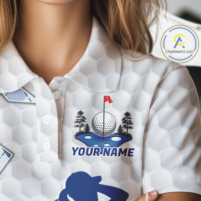 Custom Argyle Pattern Golf Polo Shirts For Women, Blue Argyle Golf Ball White Golf Clothing Shirts NYN2990