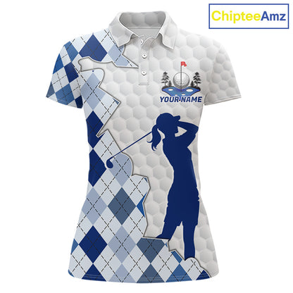 Custom Argyle Pattern Golf Polo Shirts For Women, Blue Argyle Golf Ball White Golf Clothing Shirts NYN2990