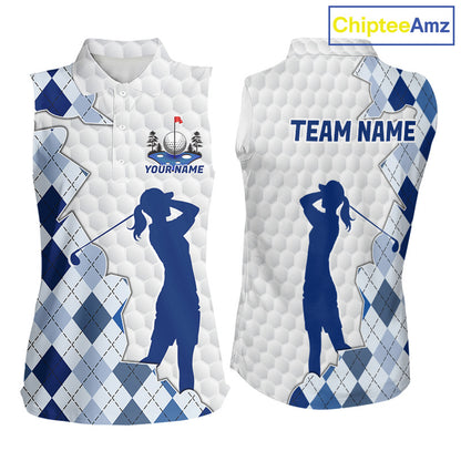 Custom Argyle Pattern Golf Sleeveless Polo Shirts For Women, Blue Argyle Golf Ball White Golf Clothing Shirts NYN2990