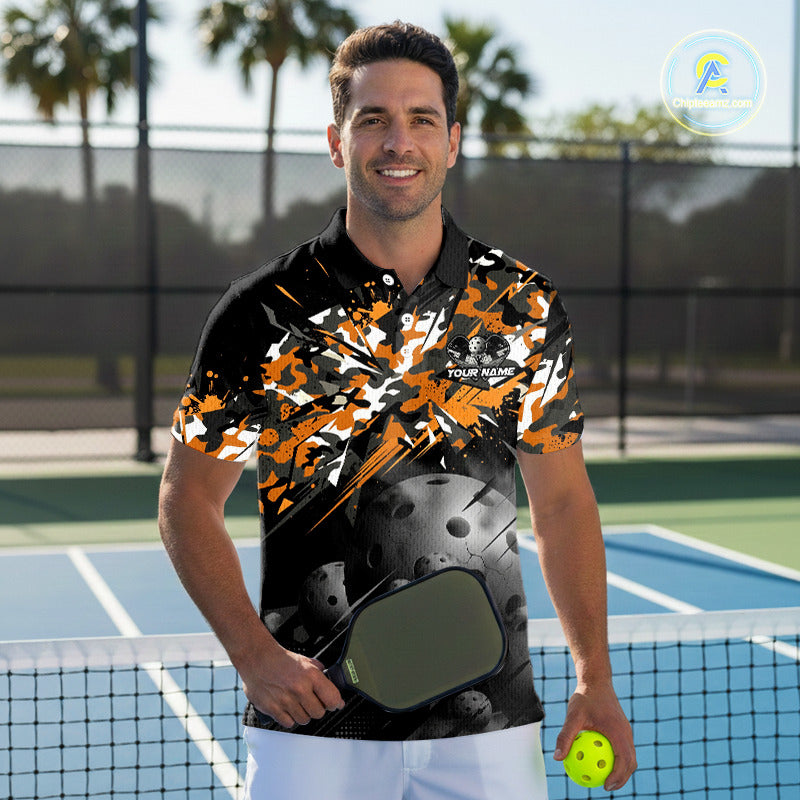 Custom Black & Orange Camo Men Pickleball League Jerseys Grunge Pickleball Paddle Shirts NYN2136