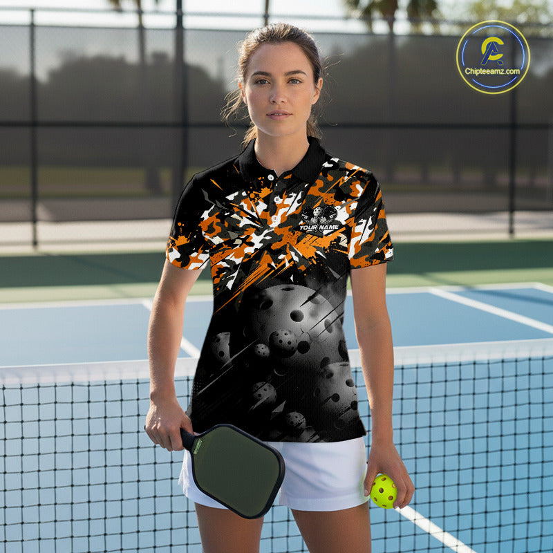 Custom Black & Orange Camo Women Pickleball League Jerseys Grunge Pickleball Paddle Shirts NYN2136