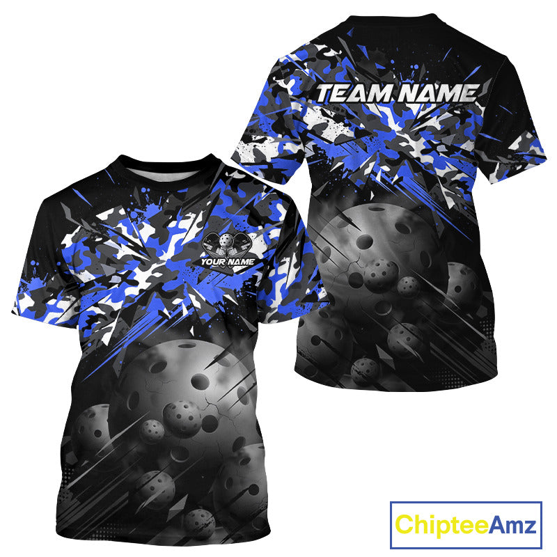 Custom Black & Blue Camo Men Pickleball League Jerseys Grunge Pickleball Paddle Shirts NYN2138