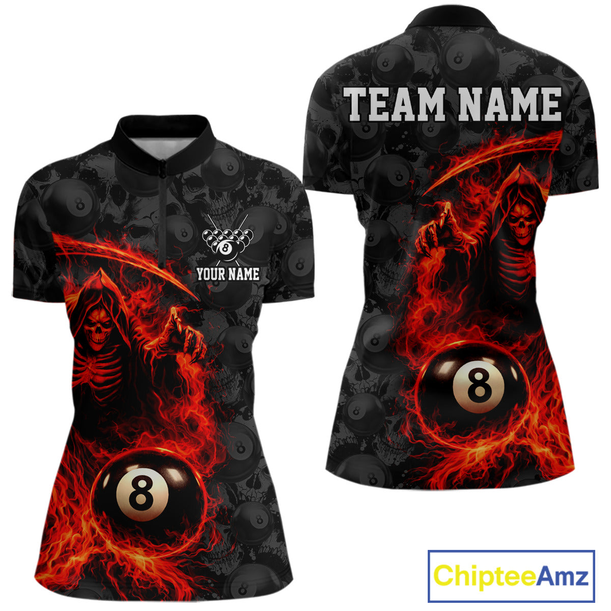 Personalized Red Flaming Grim Reaper 8 Ball Pool Billiard Shirts For Women Billiard Attire Gifts NYN2792