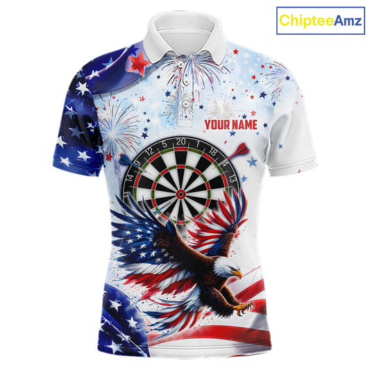 American Flag Eagle men's darts polo with patriotic USA graphics, personalized dart tournament jersey, military appreciation apparel, custom league sportswear
