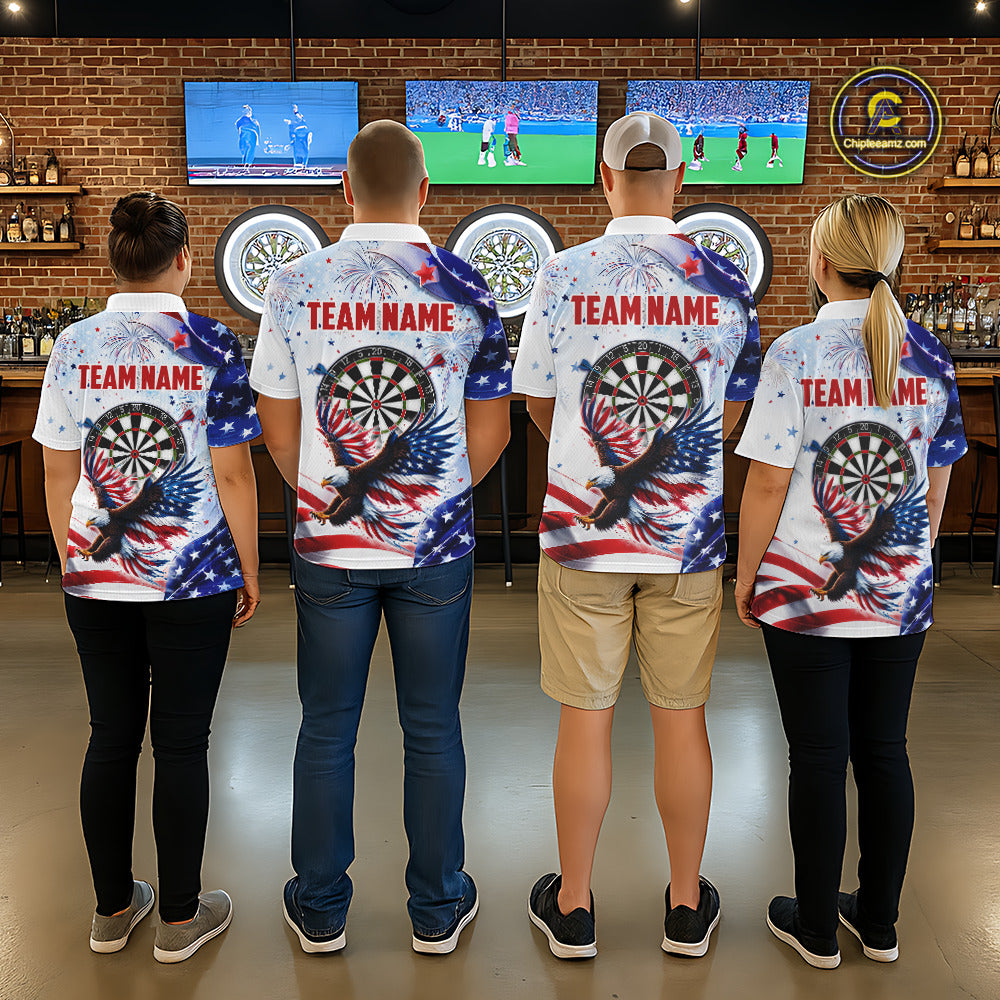 Coordinated American Flag Eagle darts team jerseys for men and women, patriotic USA tournament uniforms, veterans appreciation apparel, custom championship league clothing