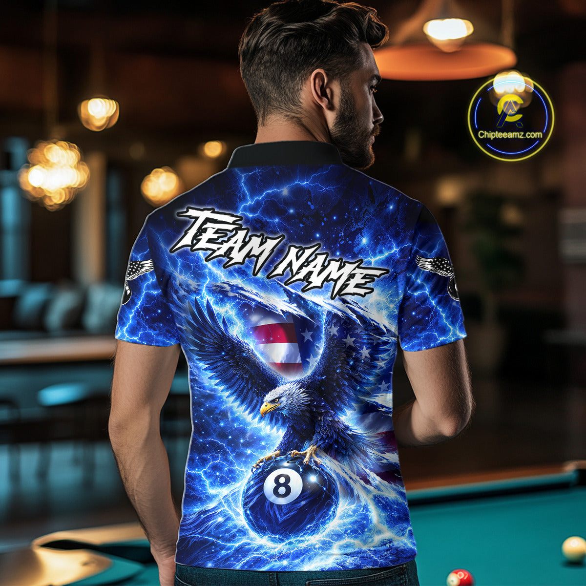 Torn US Flag Thunder Eagle Pool 8 Ball Men Billiard Shirt Custom Patriotic Billiard Apparel|Blue NYN2638