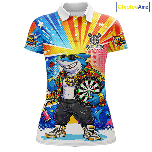 Funny Rich Cool Shark Hold Dartboard Women Darts Polo Shirt Custom Pop Art Dart League Shirt NYN2646