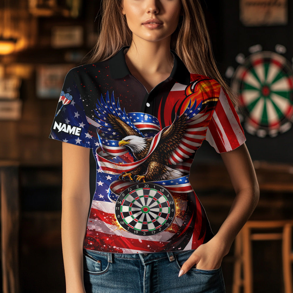 Custom US Flag Funny Eagle Dartboard Darts Women Polo & 1/4-Zip Shirts Patriotic Dart Team Jerseys NYN2805