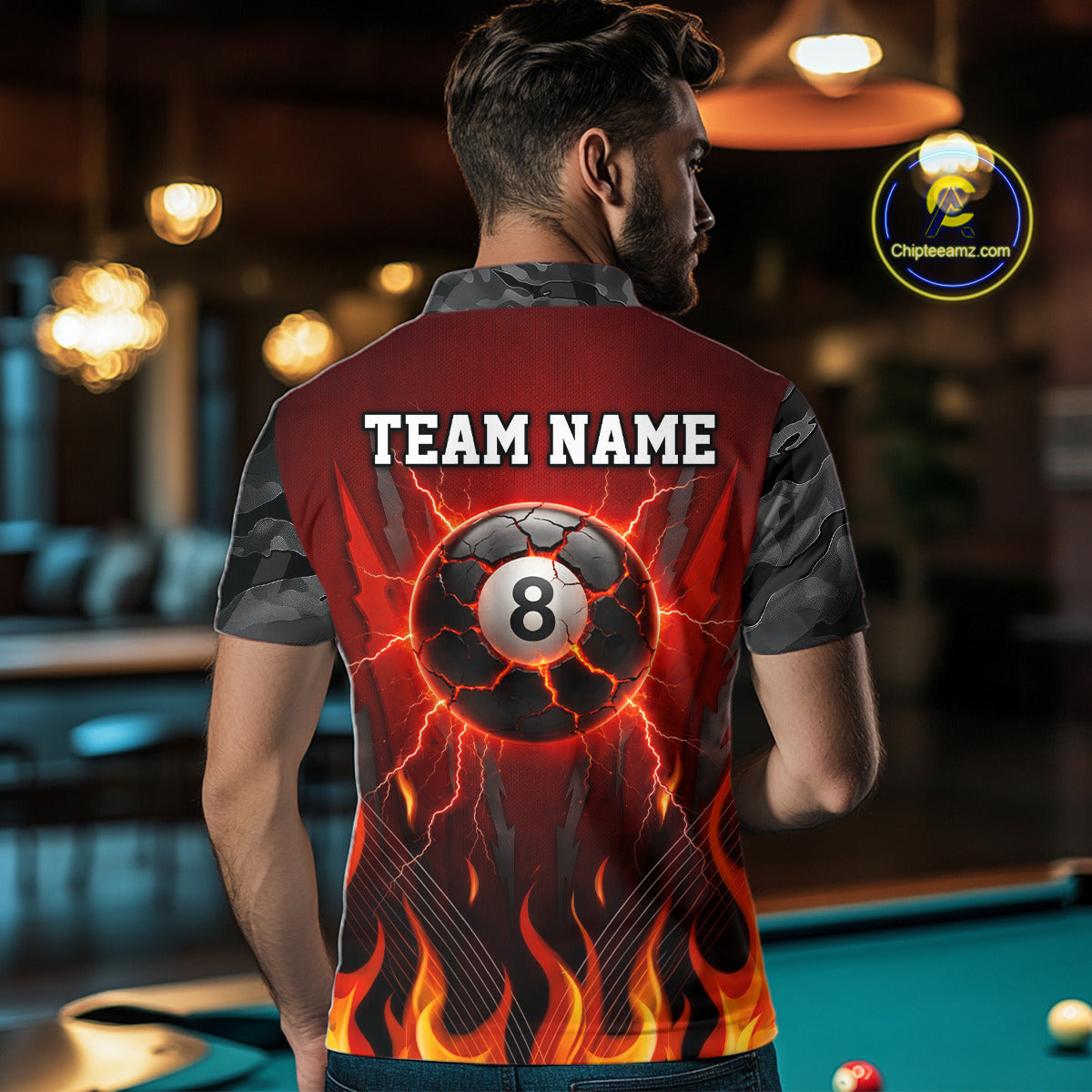 Personalized 8 Ball Red Flames Pool Billiard Polo & 1/4 Zip For Men Custom Camo Billiard Team Jerseys NYN3011