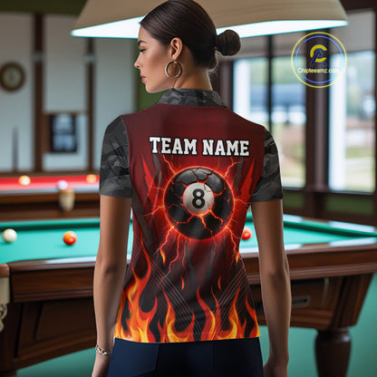 Personalized 8 Ball Red Flames Pool Billiard Polo & 1/4 Zip For Women Custom Camo Billiard Team Jerseys NYN3011