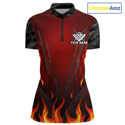 Personalized 8 Ball Red Flames Pool Billiard Polo & 1/4 Zip For Women Custom Camo Billiard Team Jerseys NYN3011