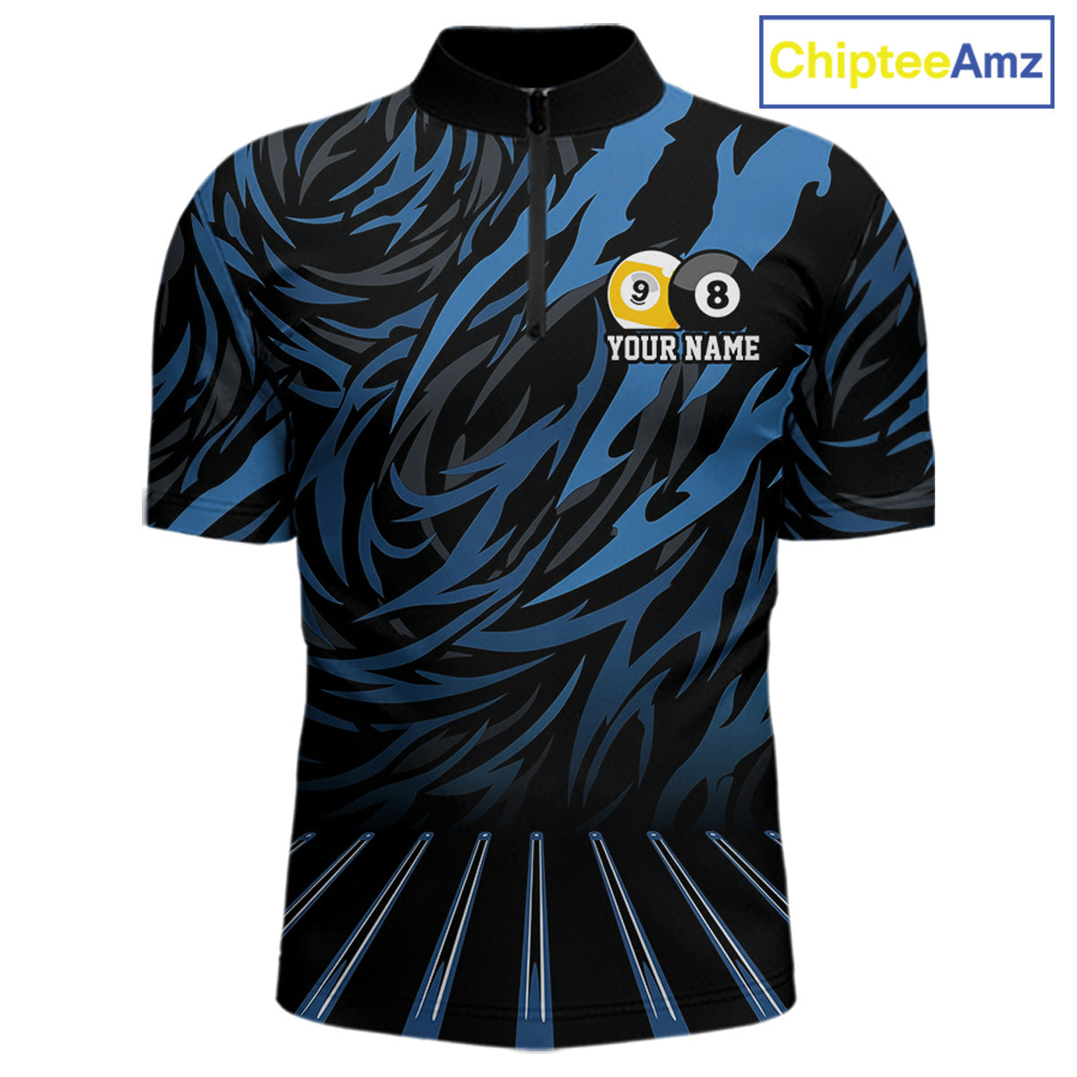 Funny 8 Ball & 9 Ball Billiard Polo & 1/4 Zip For Men Custom Pool Cue Pattern Billiard Jerseys |Blue NYN3018