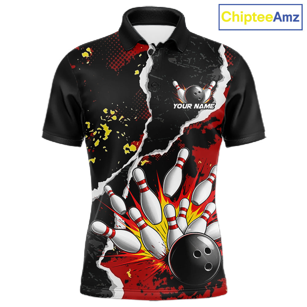 Grunge Black & Red Strike Bowling Ball & Pins Shirts For Men Personalized Bowling Team Outfits NYN3186