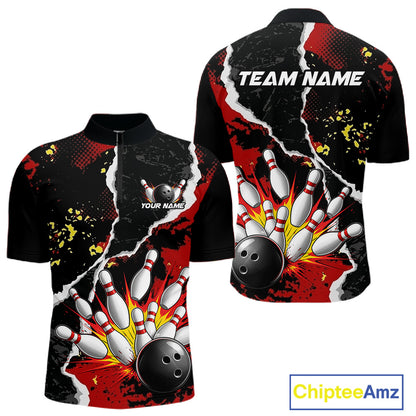 Grunge Black & Red Strike Bowling Ball & Pins Shirts For Men Personalized Bowling Team Outfits NYN3186