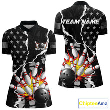 Load image into Gallery viewer, Grunge Black US Flag Strike Bowling Ball &amp; Pins Shirts  For Women Custom Patriot Bowling Team Outfits NYN3186