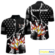 Load image into Gallery viewer, Grunge Black US Flag Strike Bowling Ball &amp; Pins Shirts  For Men Custom Patriot Bowling Team Outfits NYN3186
