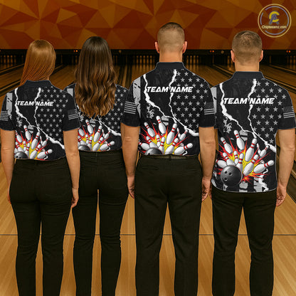 Grunge Black US Flag Strike Bowling Ball & Pins Shirts  For Women Custom Patriot Bowling Team Outfits NYN3186