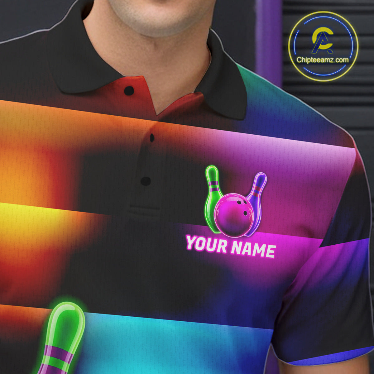 Mens Neon Light Bowling Team Shirts Personalized Colorful Ball & Pins Bowling Attire NYN3449