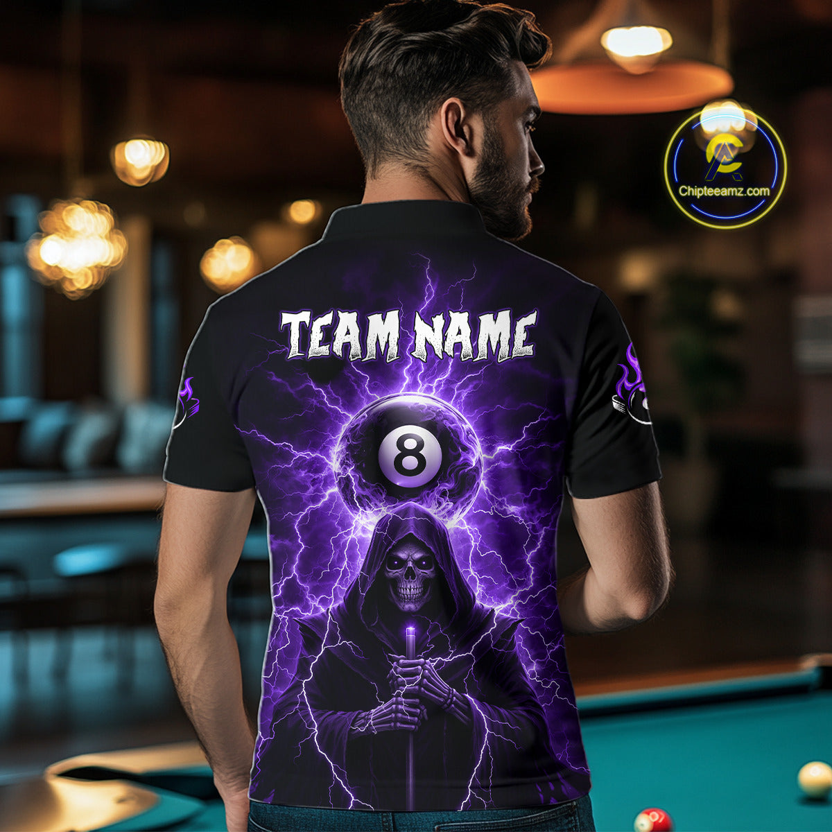 Grim Reaper Thunder Purple 8 Ball Pool Men Polo & 1/4-Zip Shirt Custom Billiards Ball Jerseys NYN2432