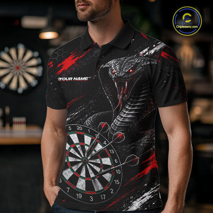 Male model wearing Black Red Cobra Darts Polo, Personalized Tournament Uniform