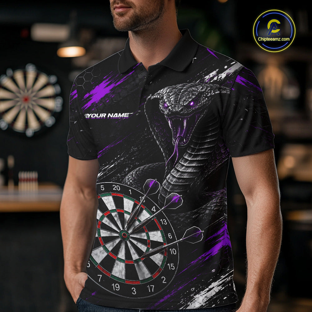 Male model wearing Black Purple Cobra Darts Polo, Personalized Tournament Uniform