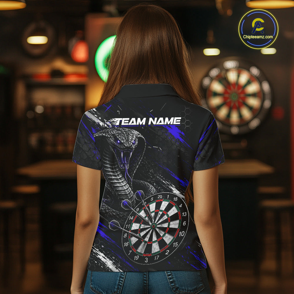 Female model wearing Black Blue Cobra Women's Dart Polo, Custom League Apparel