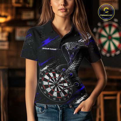 Female model wearing Black Blue Cobra Women's Dart Polo, Custom League Apparel