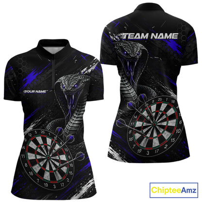 Black Blue Cobra Women's Quarter-Zip Darts Shirt Mockup, Personalized Cobra Tournament Apparel