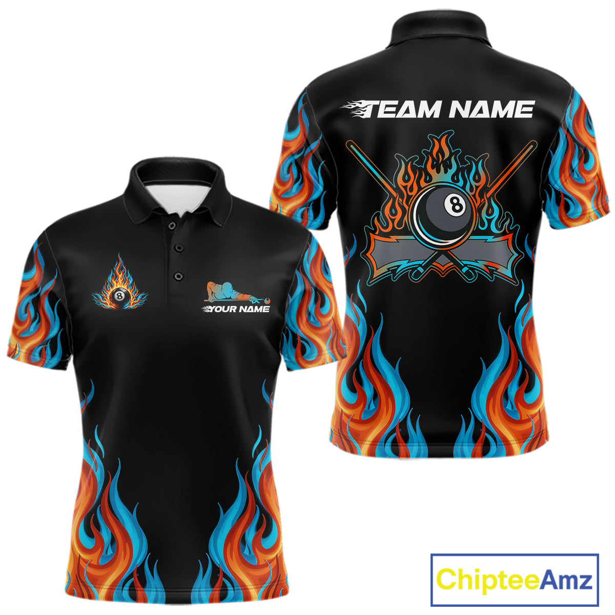 Red And Blue Flames 8 Ball Pool Billiard Team Shirt For Men Custom Billiard Balls Jerseys NYN2441