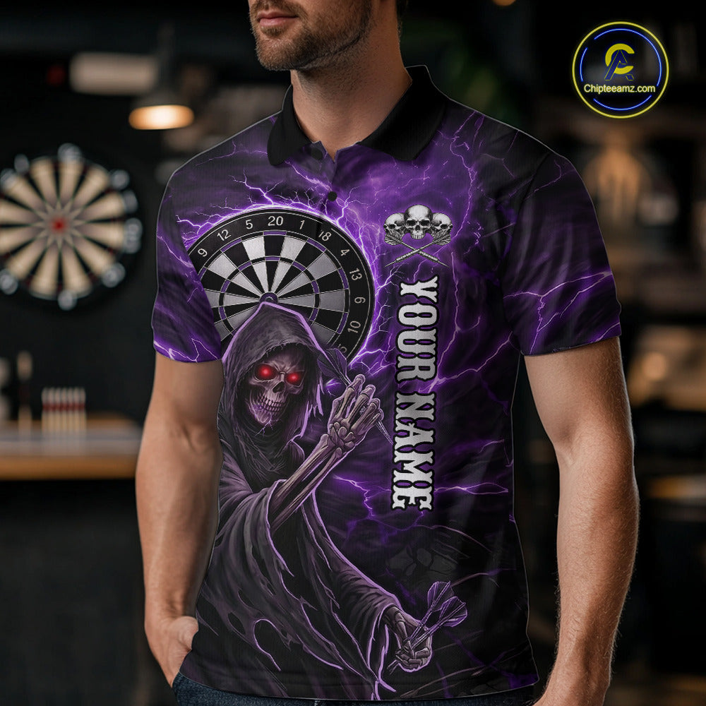 Grunge Purple Grim Reaper Men Darts Polo & 1/4-Zip Shirts Custom Thunder Lightning Darts Team Jersey NYN3037