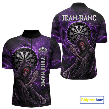 Grunge Purple Grim Reaper Men Darts Polo & 1/4-Zip Shirts Custom Thunder Lightning Darts Team Jersey NYN3037