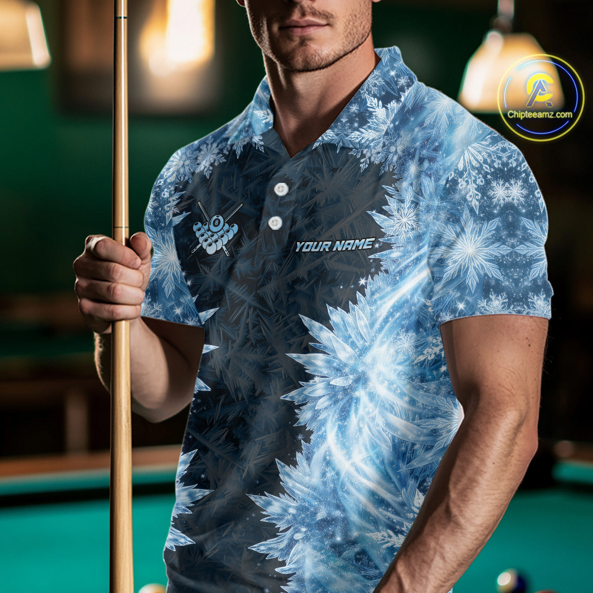 Icy Pattern Blue 9 Ball Pool Billiard Team Shirt For Men Custom Snowflake Billiards Ball Attire NYN3043