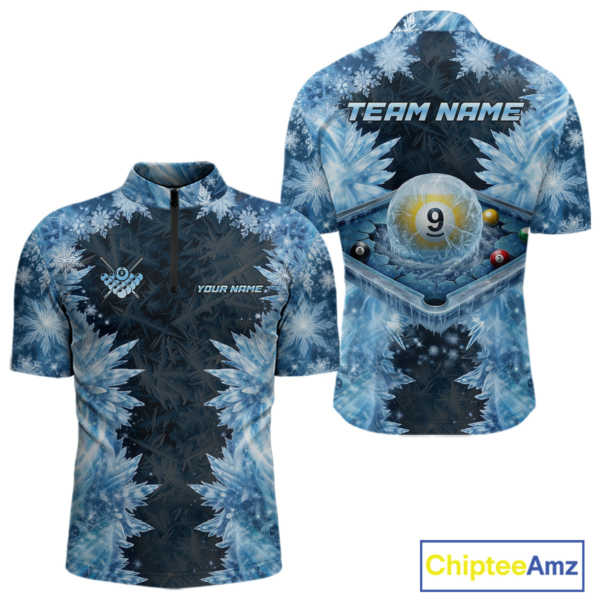 Icy Pattern Blue 9 Ball Pool Billiard Team Shirt For Men Custom Snowflake Billiards Ball Attire NYN3043