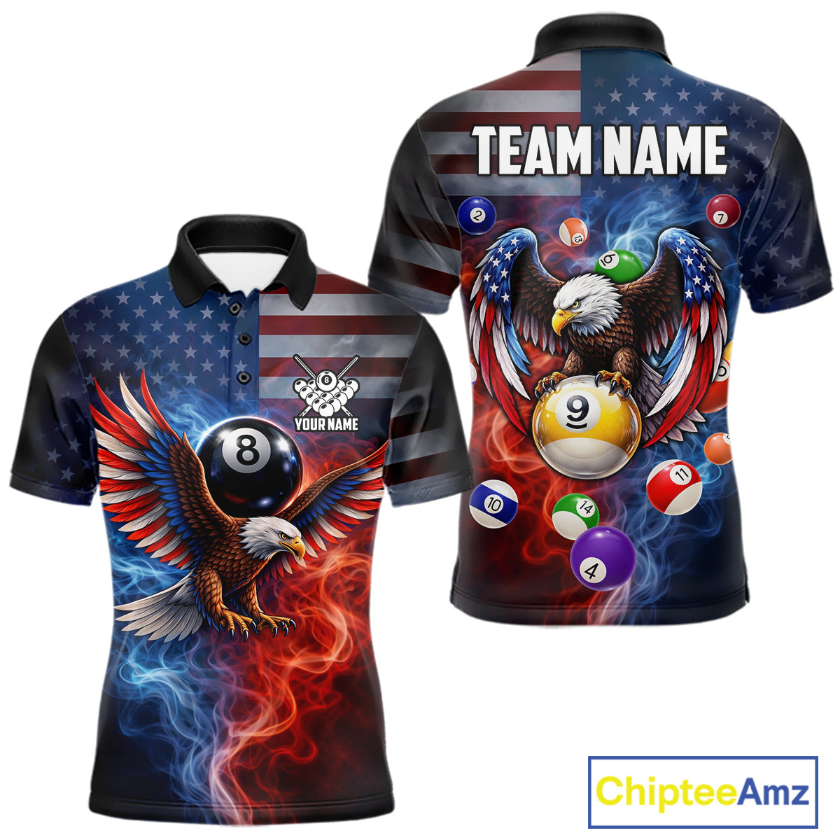 Blue & Red Flames Eagle 8 Ball 9 Ball Pool Billiard Shirt For Men Custom US Flag Billiard Jersey NYN3050