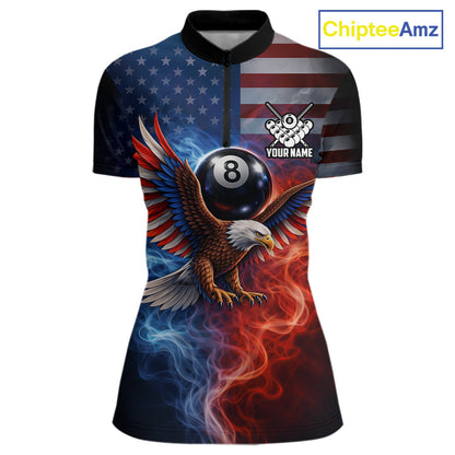 Blue & Red Flames Eagle 8 Ball 9 Ball Pool Billiard Shirt For Women Custom US Flag Billiard Jersey NYN3050