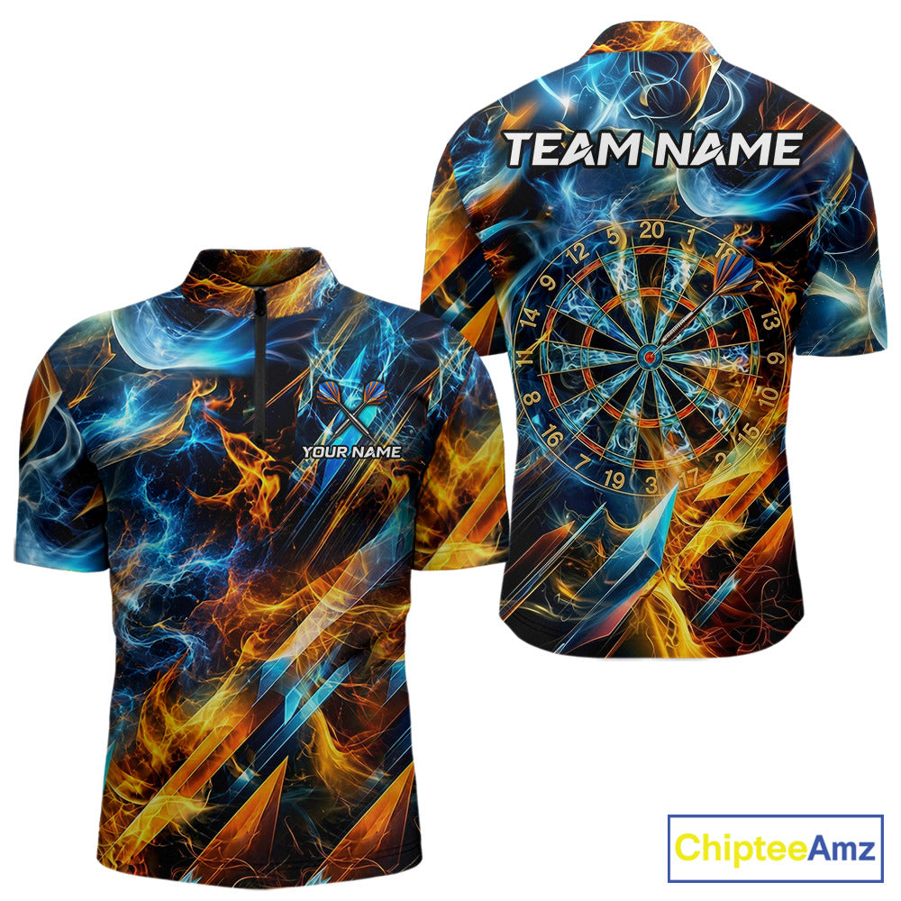Icy And Fire Flame Dartboard Men Dart Polo & 1/4-Zip Shirt Custom Red And Blue Dart Team Attire NYN3210