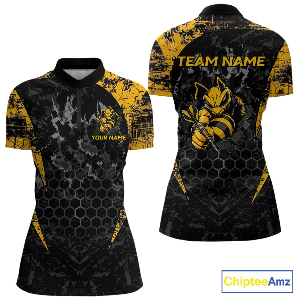 Grunge Black And Yellow Funny Bee Women Dart Polo & 1/4-Zip Shirt Custom Dart Team Jerseys NYN3211