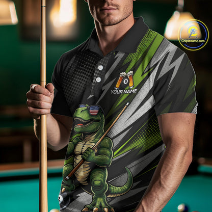 Male model wearing Funny Dinosaur pool jersey featuring beer-drinking dinosaur mascot, personalized cue sports tournament apparel, championship league clothing, novelty sportswear for fun-loving competitors