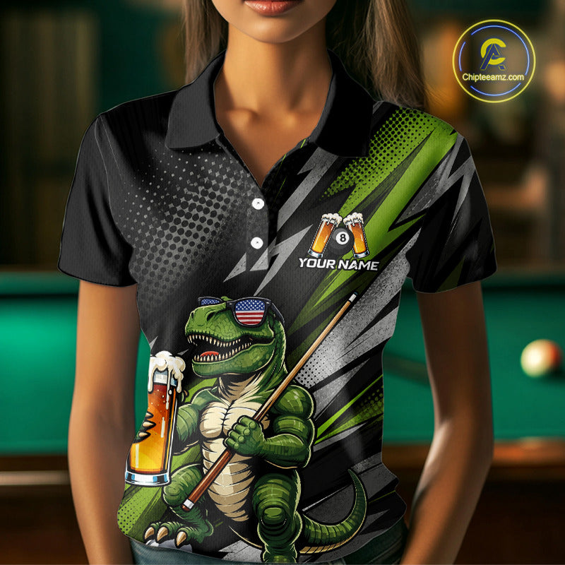 Female model wearing Funny Dinosaur billiard polo featuring personalized 8 Ball tournament jersey, playful beer-themed cue sports apparel, recreational league clothing, humorous athletic performance wear