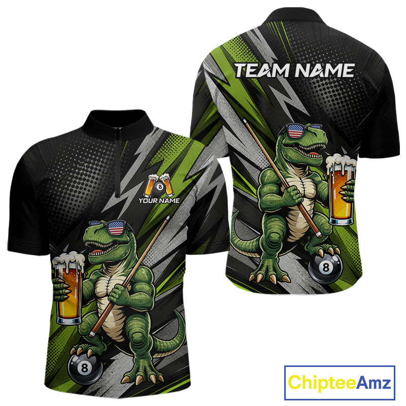 Green Funny Dinosaur men's quarter-zip billiard jersey featuring funny beer dinosaur artwork, personalized championship pool apparel, cue sports performance shirt, lightweight athletic tournament jersey