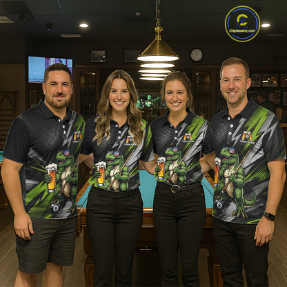 Matching Funny Dinosaur billiard jerseys for men and women featuring humorous dinosaur mascot holding an 8 Ball and beer, representing friendship, fun, celebration and team spirit, appealing to beer lovers, dinosaur fans, party groups, bachelor events, pub leagues, recreational sports communities and novelty apparel collectors
