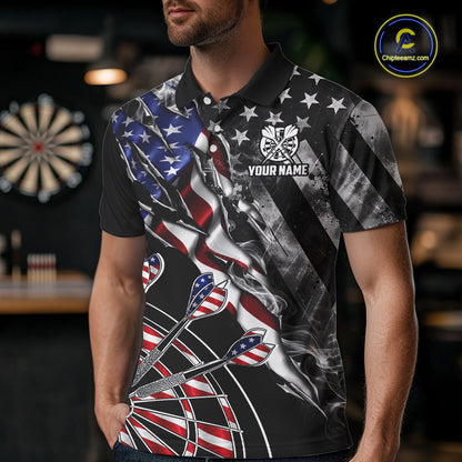 Male dart player wearing personalized Smoke US Flag patriotic dart jersey