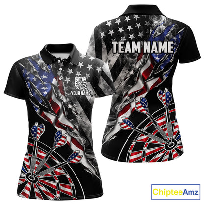 Personalized Smoke US Flag women's dart polo shirt custom patriotic dart team uniform, personalized dart jersey, dart league apparel, tournament dart shirt