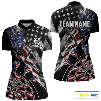 Personalized Smoke US Flag women's quarter zip dart shirt patriotic dart team jersey, custom dart uniform, tournament dart apparel